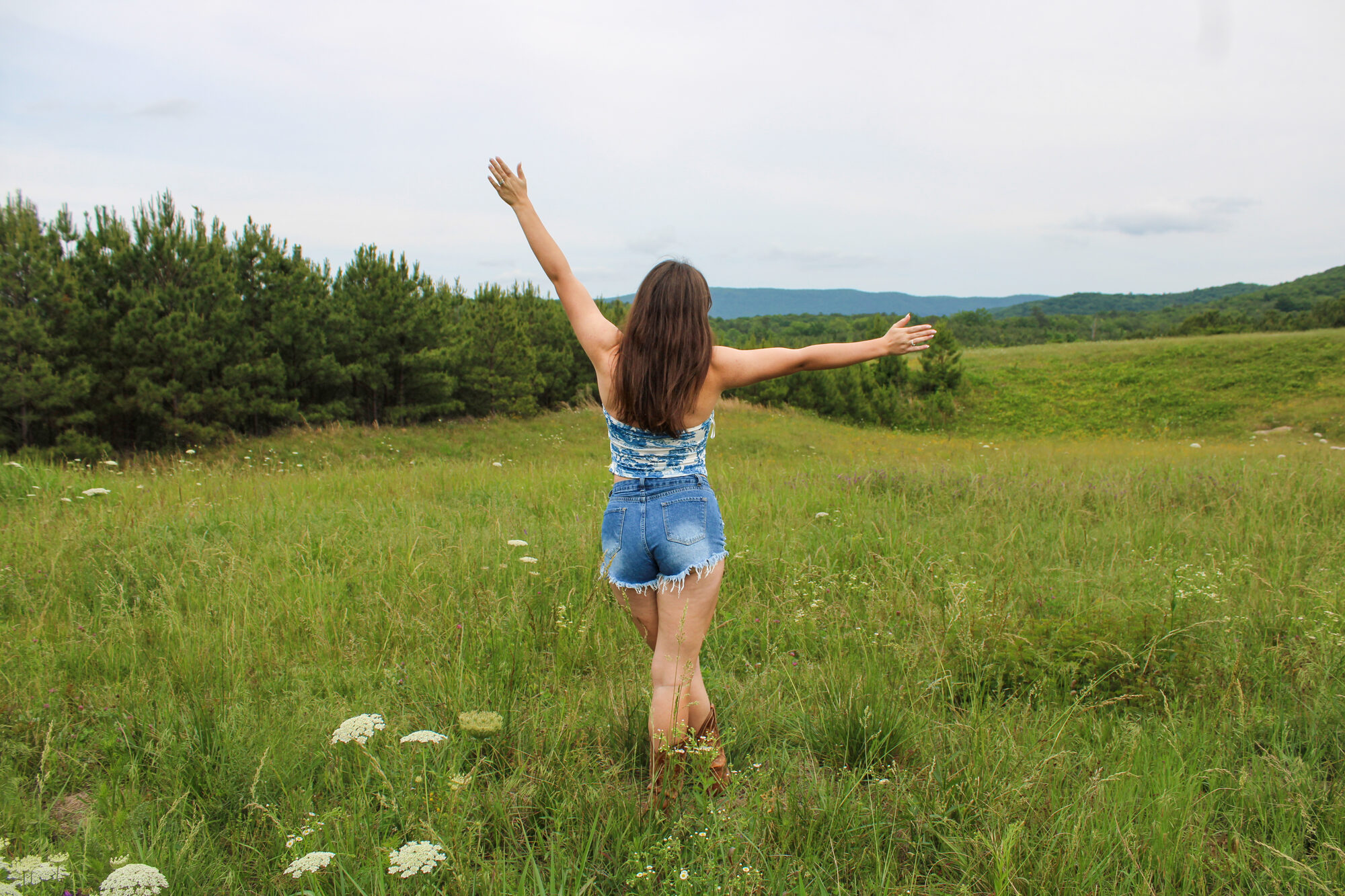 Senior girl standing with arms out in a golden field